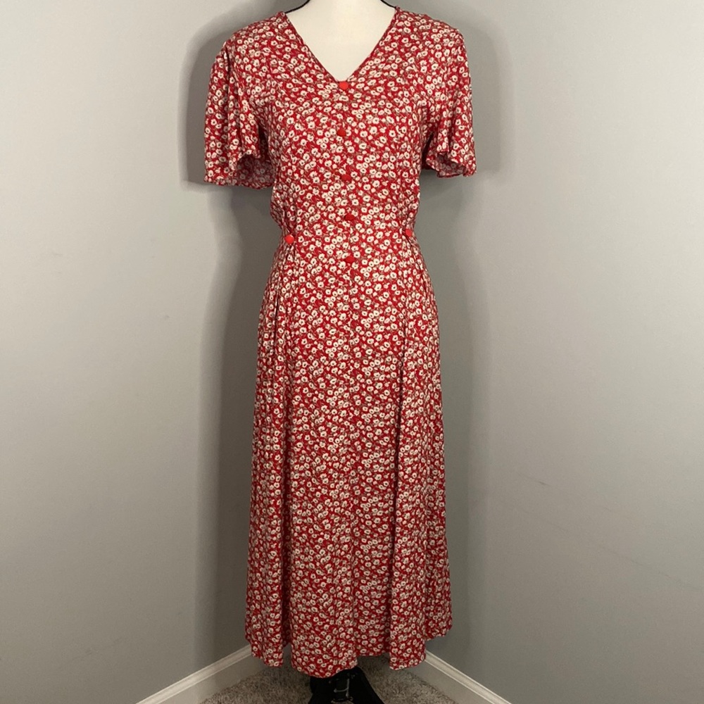 American Design Vintage 1990s Classic Red Floral Ruffle Short Sleeve Dress